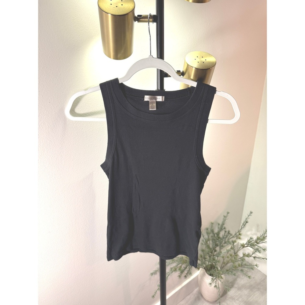 Banana Republic Black Ribbed Crewneck Tank Top Petite M Cotton Blend Bodycon